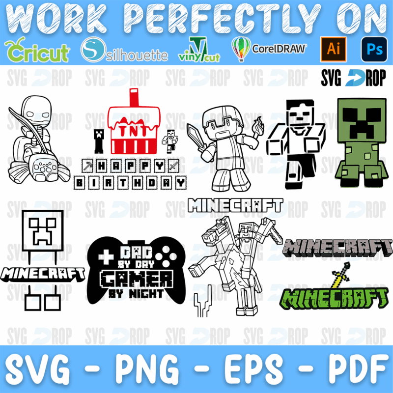Minecraft Happy Birthday and Gamer Dad Bundle SVG