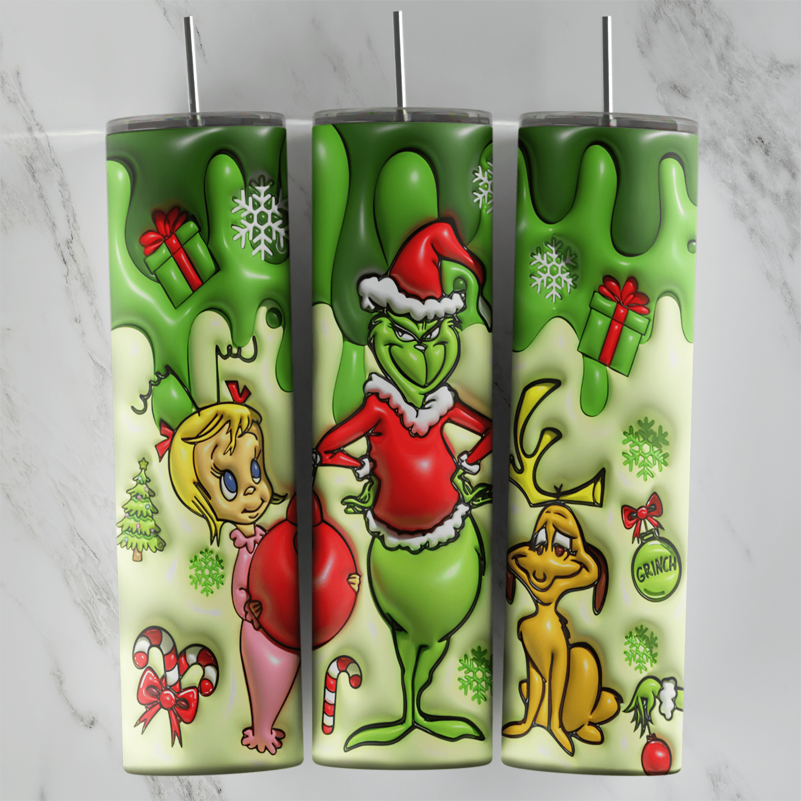A 20 oz skinny tumbler wrap with a puffy 3D inflated look: the Grinch in his Santa suit, Cindy Lou Who and Max, candy canes. Sublimation design