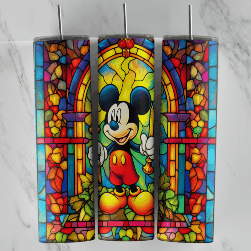 A full 20 oz skinny tumbler wrap in a stained glass style: Mickey standing under a rainbow colored arch with orange and red glass. Sublimation design