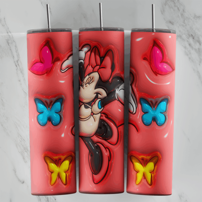A 3D inflated style tumbler wrap with Minnie Mouse in a red bow and puffy pink, blue and yellow butterflies on a coral background. Sublimation design