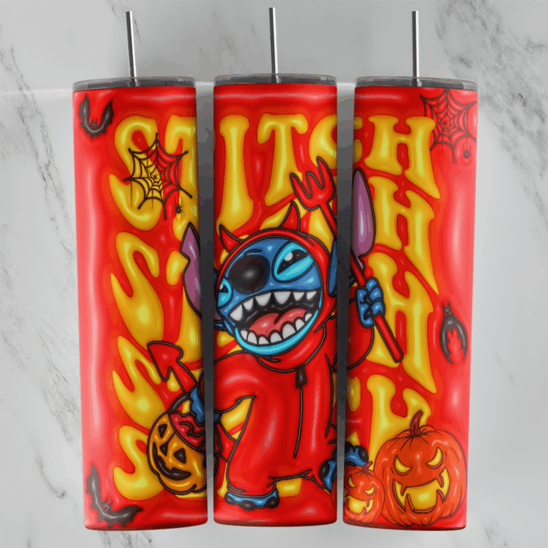A 20 oz skinny tumbler wrap in puffy 3D style: Stitch in a red devil costume holding a pumpkin basket, flaming Stitch lettering. Sublimation design