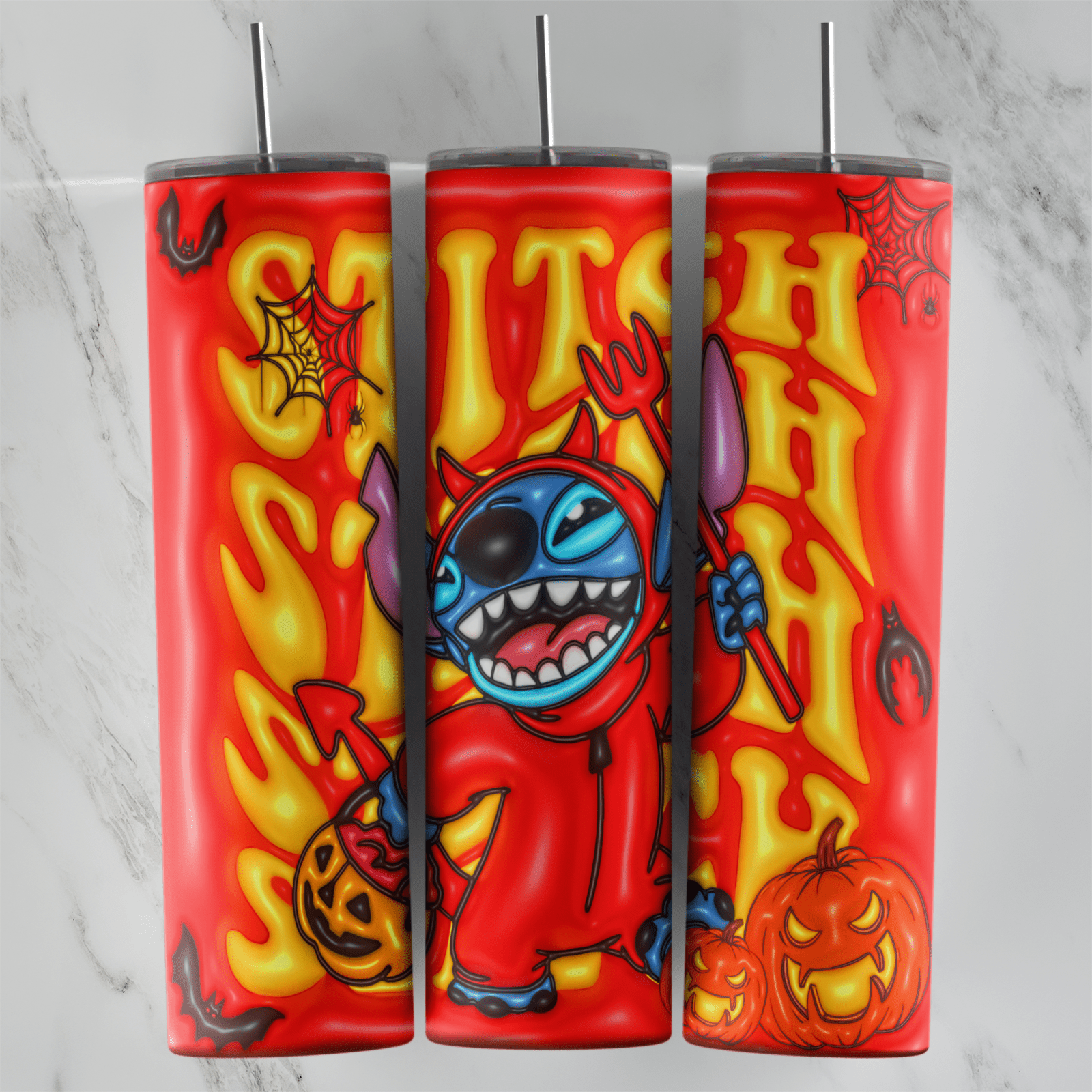 A 20 oz skinny tumbler wrap in puffy 3D style: Stitch in a red devil costume holding a pumpkin basket, flaming Stitch lettering. Sublimation design