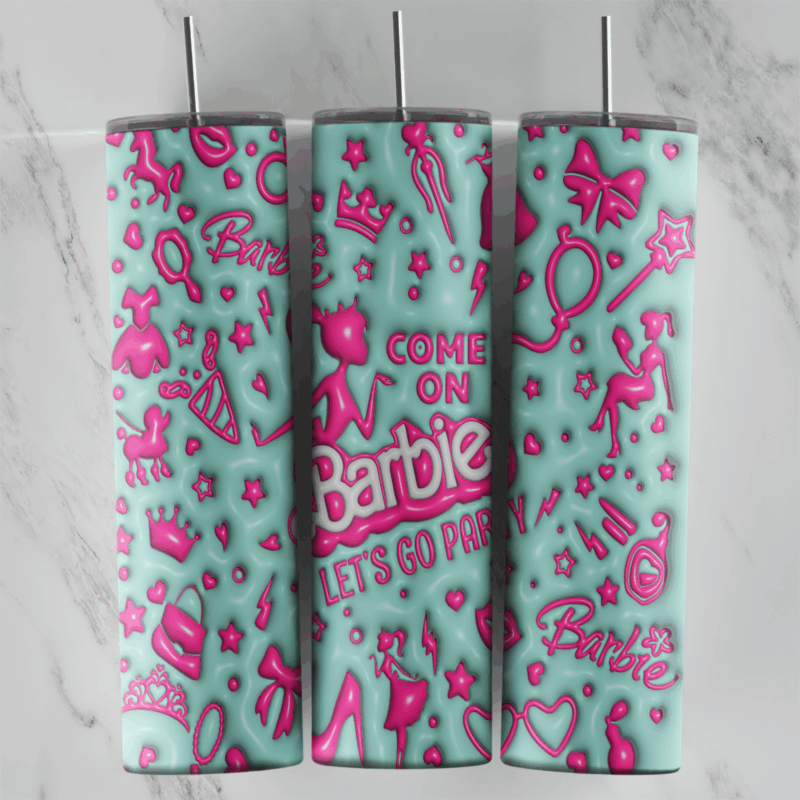 A full 20 oz skinny tumbler wrap in puffy 3D style on mint with pink Barbie icons, bows, stars and Come On Barbie Let’s Go Party. Sublimation design