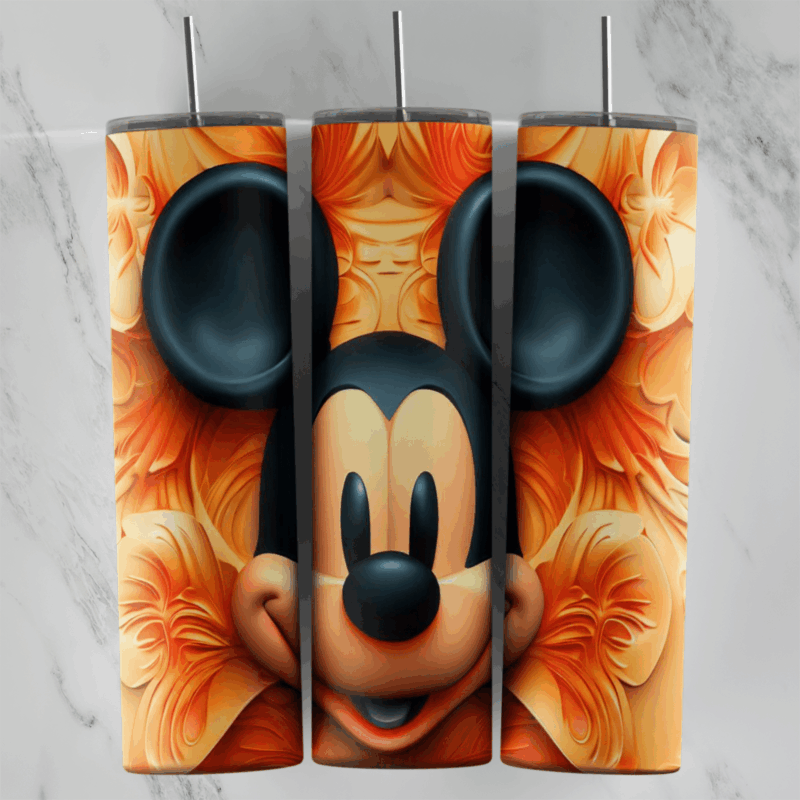 A 20 oz skinny tumbler wrap with a 3D Mickey Mouse face surrounded by large orange embossed flowers. Sublimation design
