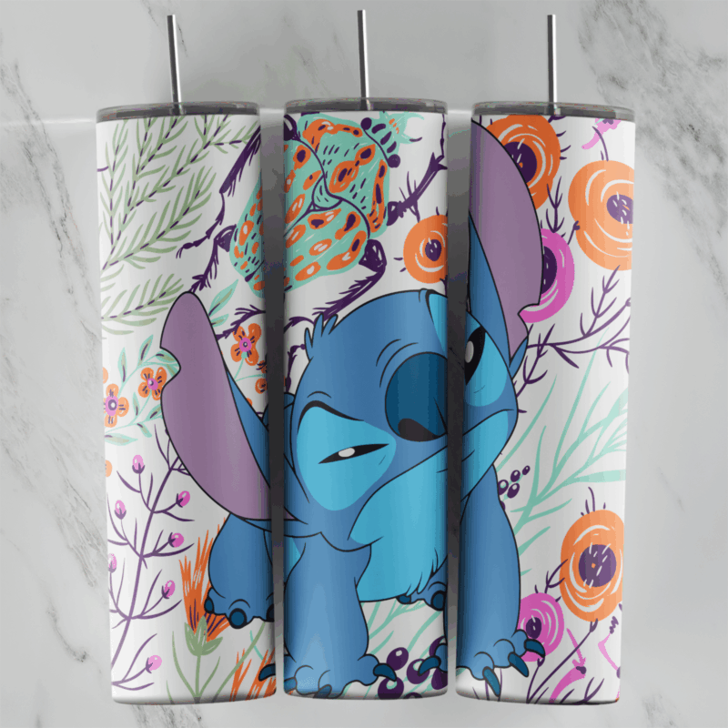 A 20 oz skinny tumbler wrap with a winking Stitch sitting among pastel orange flowers, purple berries and thin branches. Sublimation design