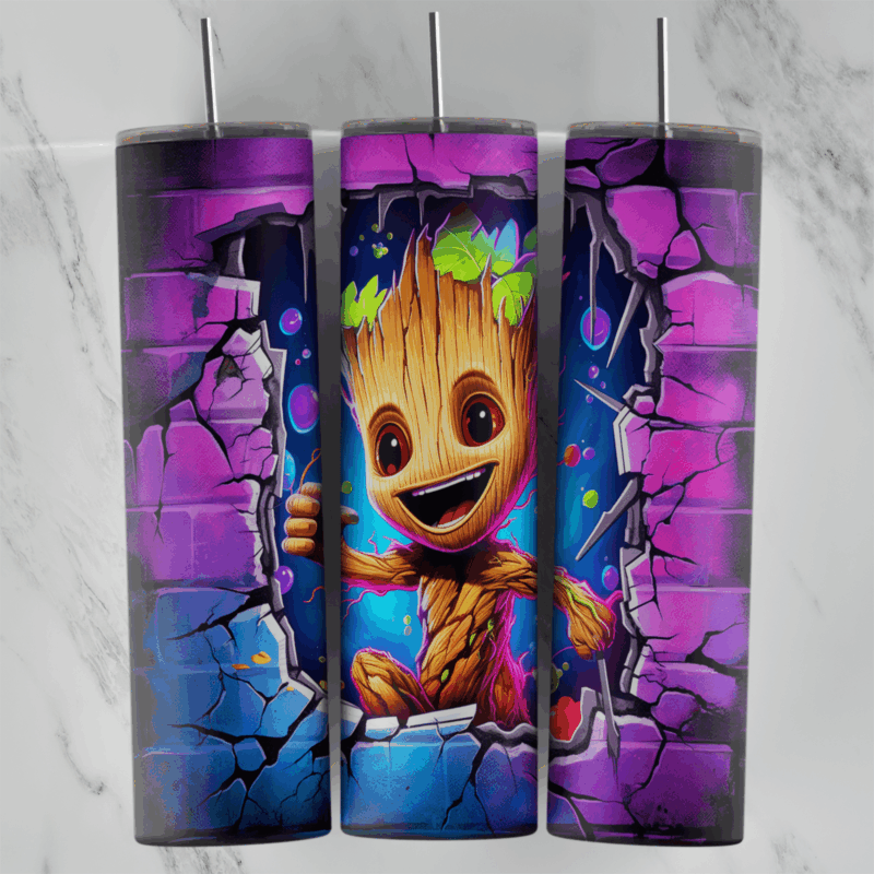 A full 20 oz skinny tumbler wrap in 3D style with a smiling Baby Groot stepping through a cracked purple and blue brick wall. Sublimation design