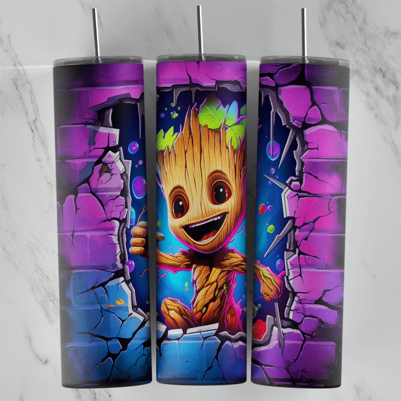 A full 20 oz skinny tumbler wrap in 3D style with a smiling Baby Groot stepping through a cracked purple and blue brick wall. Sublimation design