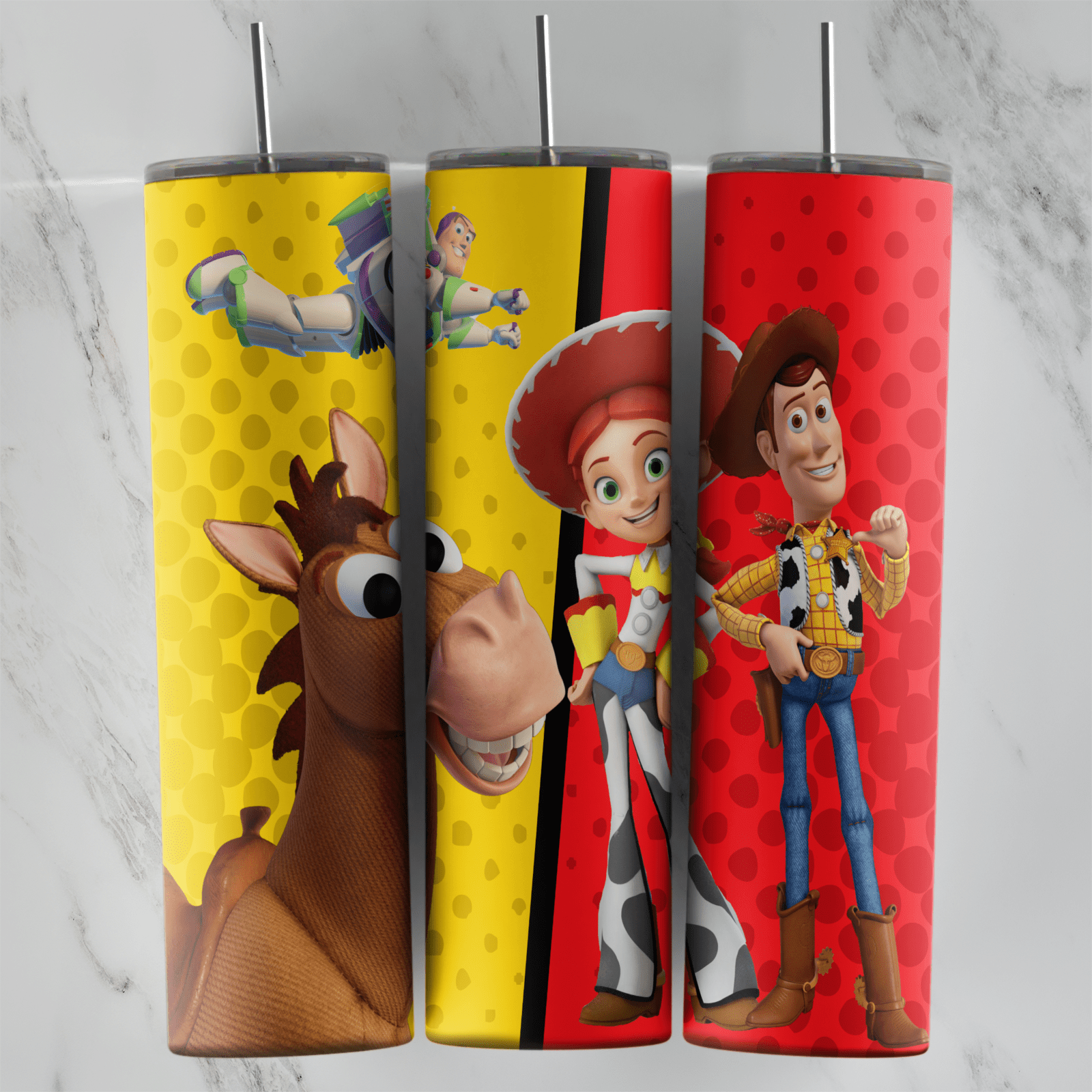 A 20 oz skinny tumbler wrap with yellow and red polka dot panels showing Bullseye, Jessie and Woody, plus a small Buzz Lightyear. Sublimation design