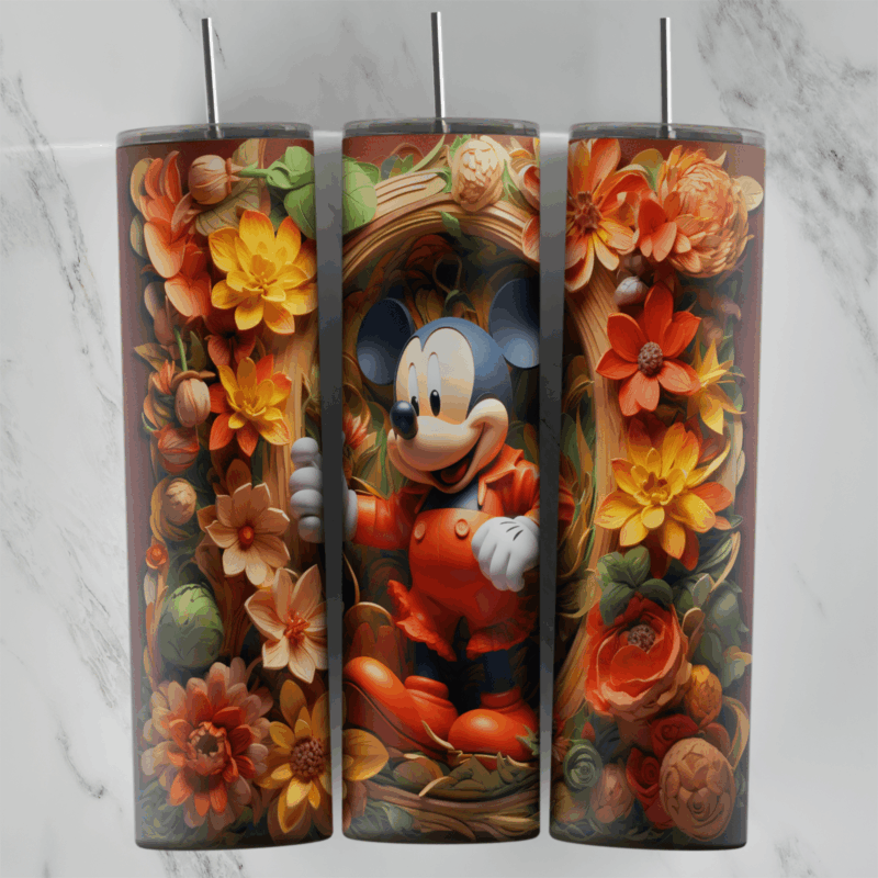 A 3D inflated style tumbler wrap with Mickey Mouse framed by puffy orange and red autumn flowers, leaves and berries. Sublimation design