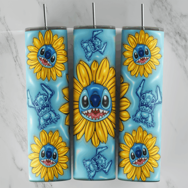 A 20 oz skinny tumbler wrap in puffy 3D style: Stitch faces in the centers of yellow sunflowers and small Stitch outlines. Sublimation design