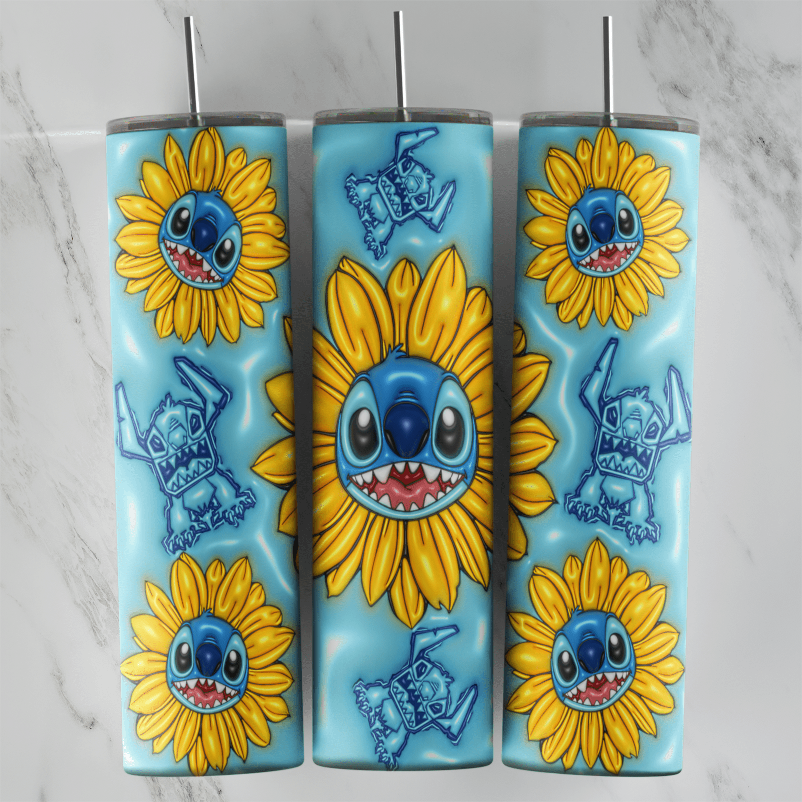 A 20 oz skinny tumbler wrap in puffy 3D style: Stitch faces in the centers of yellow sunflowers and small Stitch outlines. Sublimation design