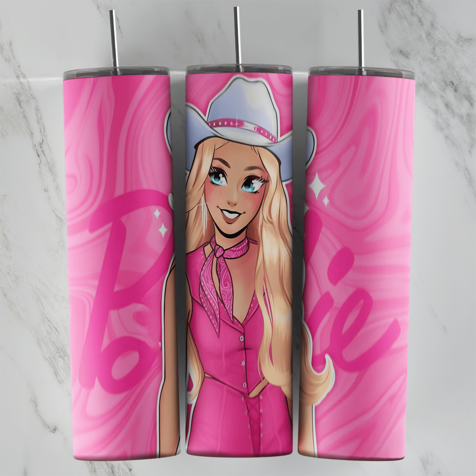 20 Oz Barbie Cowgirl Pink Marble Tumbler Cup Design