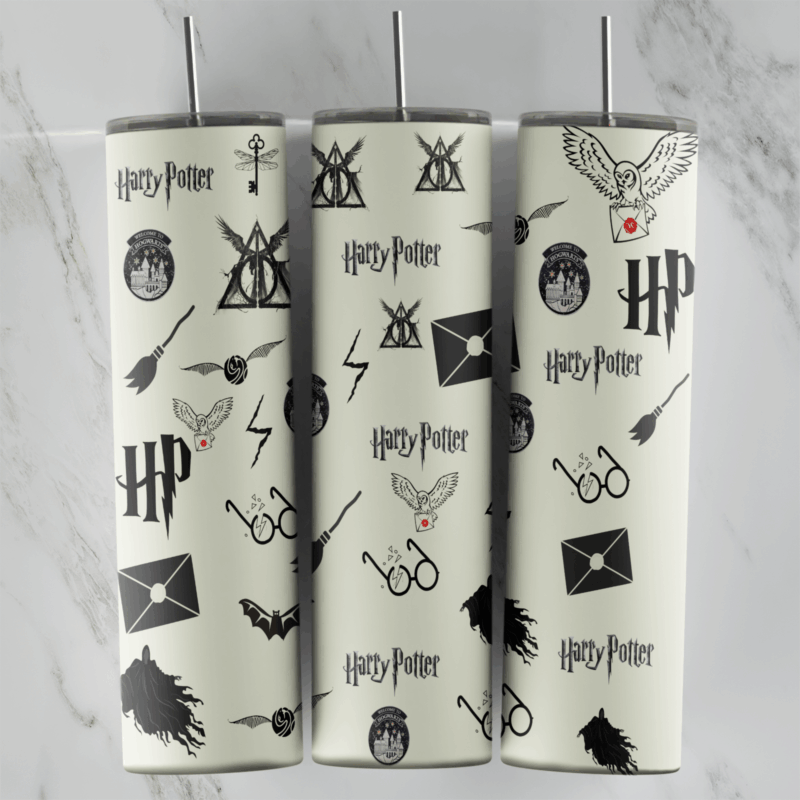 A 20 oz skinny tumbler wrap with a black icon pattern on cream: Harry Potter lettering, the HP logo, the Deathly Hallows, owls. Sublimation design