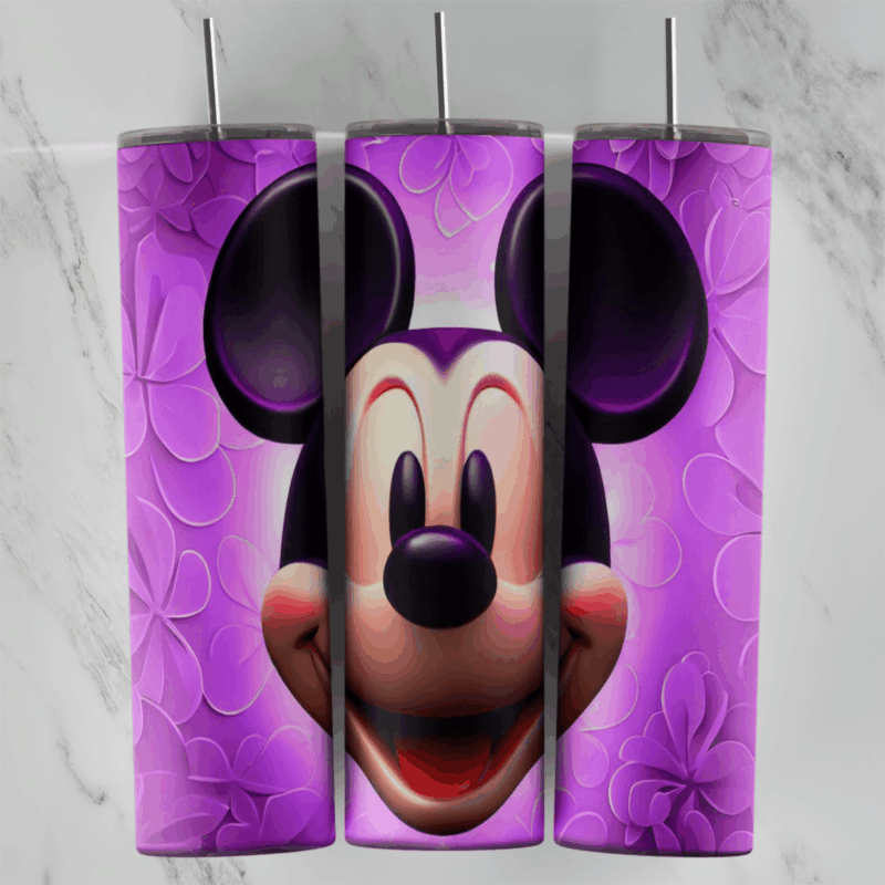 A 20 oz skinny tumbler wrap with a large 3D style Mickey Mouse face on a purple embossed flower background. Sublimation design