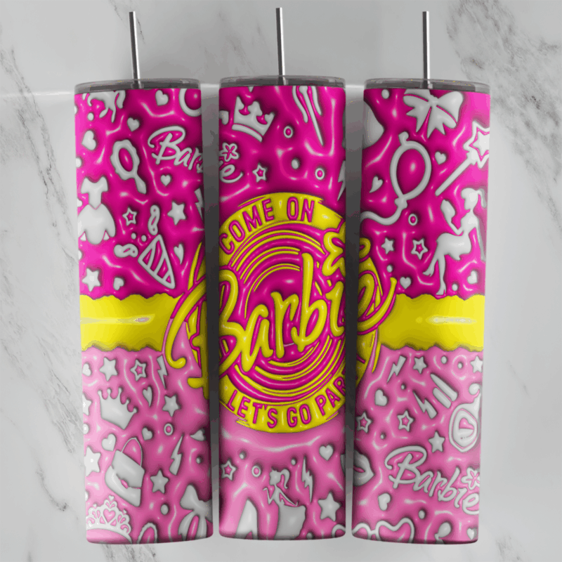 A full 20 oz skinny tumbler wrap in puffy 3D style with a pink and yellow Come On Barbie Let’s Go Party badge over pink Barbie. Sublimation design