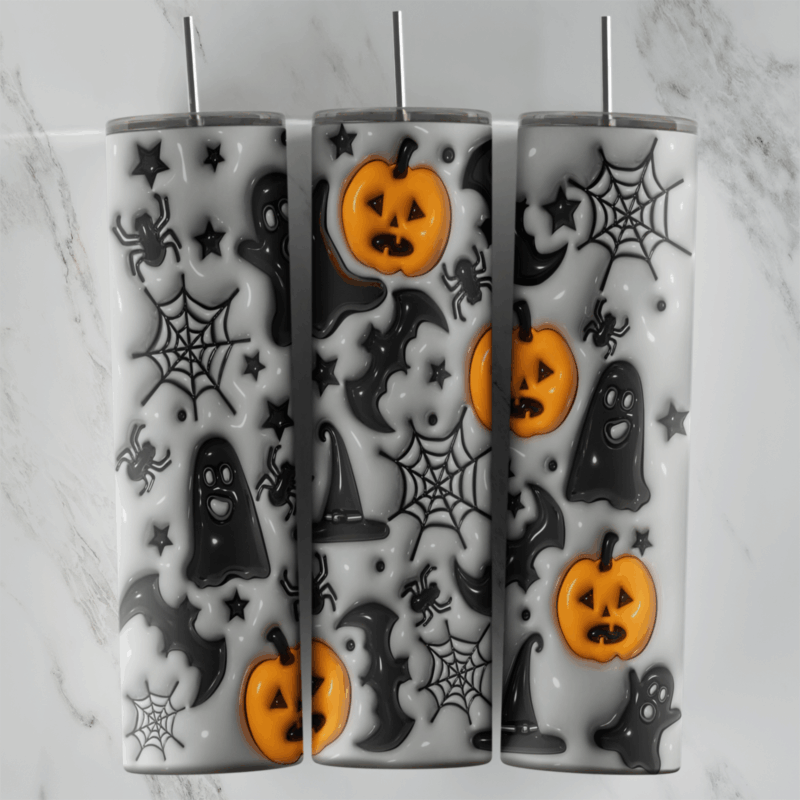 A puffy 3D style white Halloween tumbler wrap with black ghosts, bats, witch hats, spider webs, stars and orange jack o lanterns. Sublimation design
