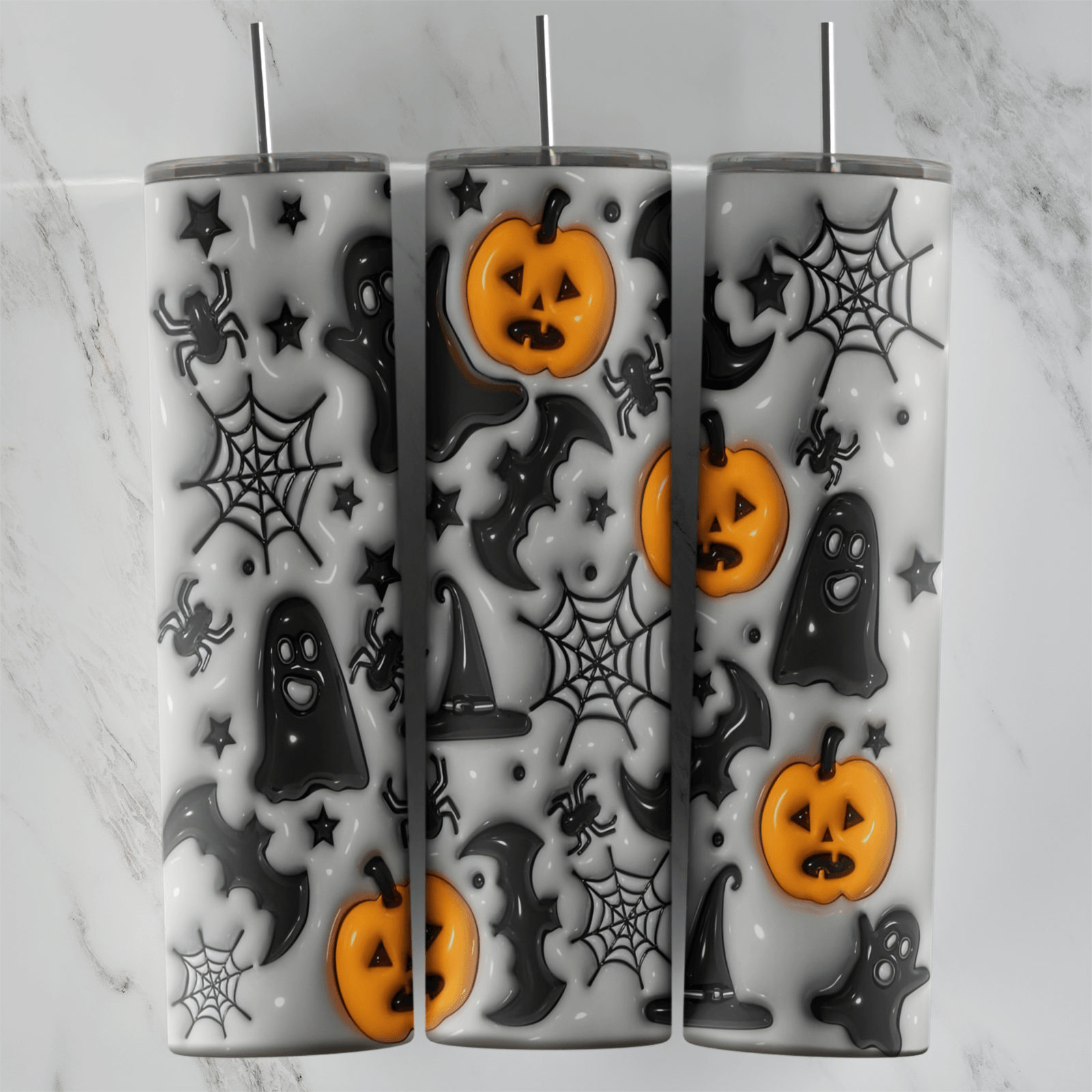 A puffy 3D style white Halloween tumbler wrap with black ghosts, bats, witch hats, spider webs, stars and orange jack o lanterns. Sublimation design