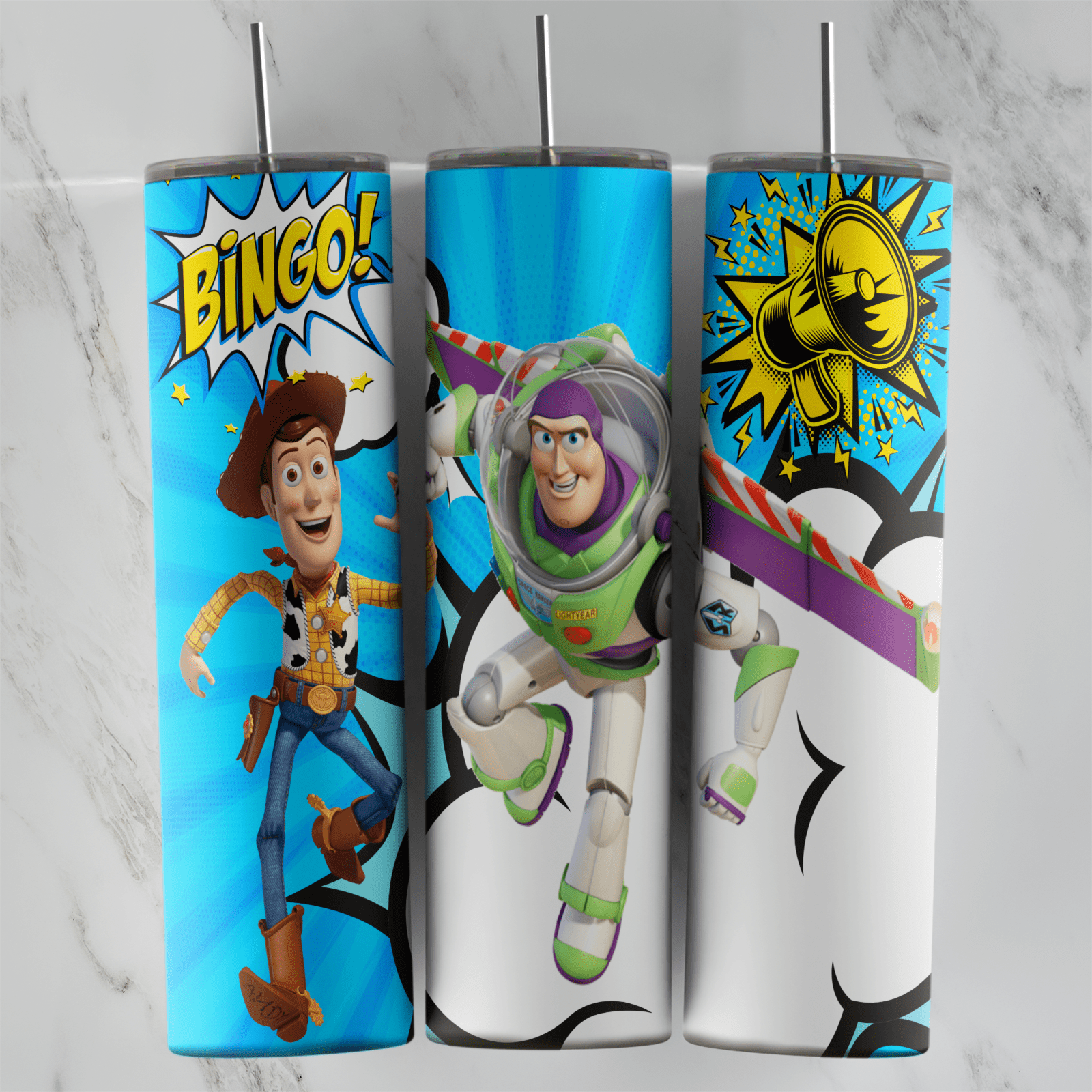 A 20 oz skinny tumbler wrap in comic book style: Woody with a BINGO speech burst, Buzz Lightyear flying out of a white panel. Sublimation design