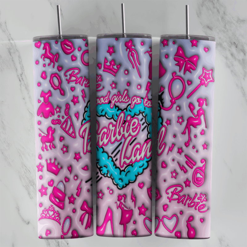 A full 20 oz skinny tumbler wrap in puffy 3D style: lavender with pink Barbie icons like bows, heels, lipstick and hearts. Sublimation design