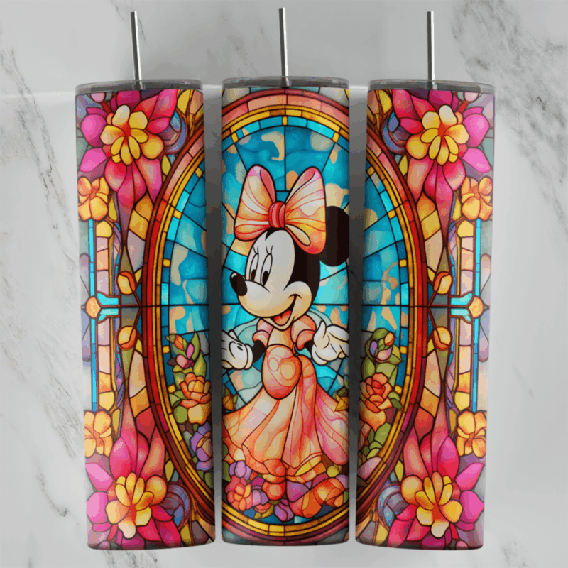 A full 20 oz skinny tumbler wrap in a stained glass style: Minnie in a pink dress inside a blue oval window framed by pink flowers. Sublimation design