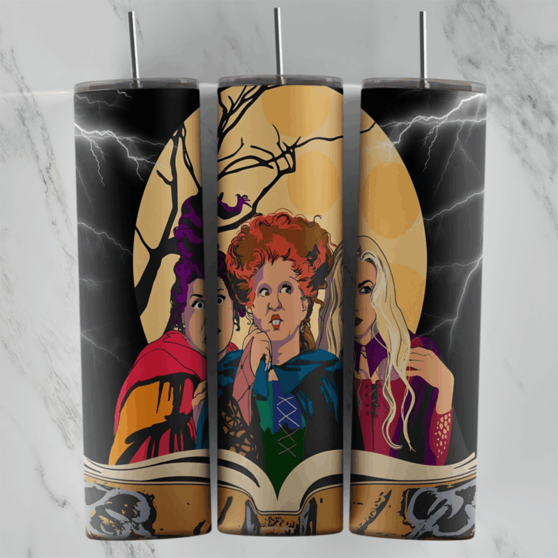 A 20 oz skinny tumbler wrap with Mary, Winifred and Sarah Sanderson in front of a glowing full moon and bare tree, above an open. Sublimation design
