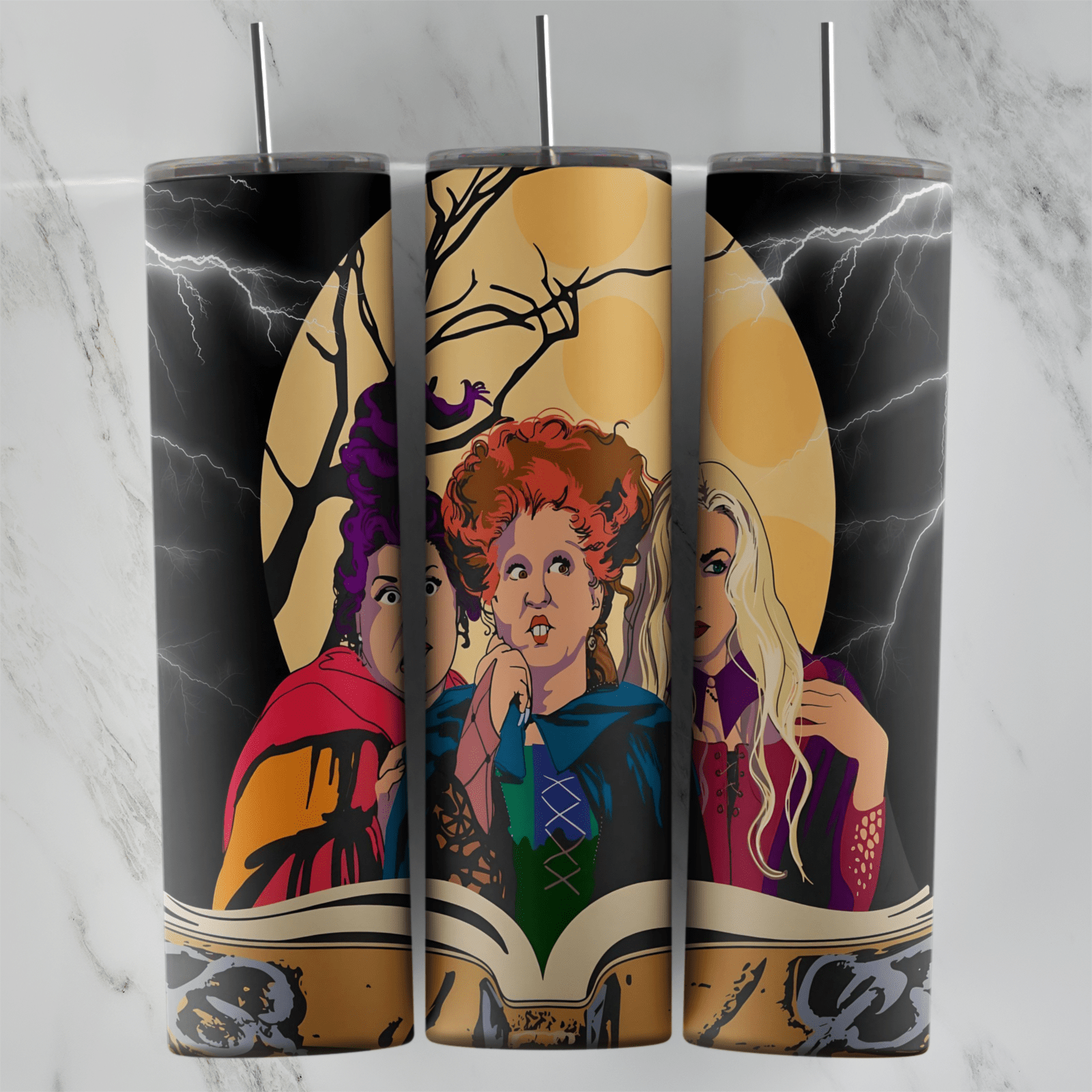 A 20 oz skinny tumbler wrap with Mary, Winifred and Sarah Sanderson in front of a glowing full moon and bare tree, above an open. Sublimation design