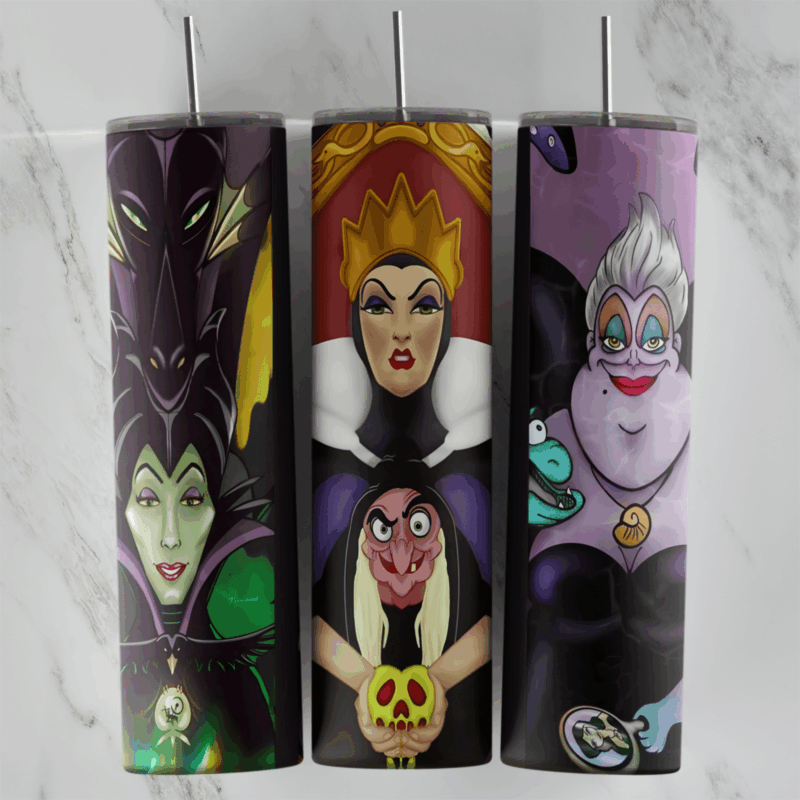 A purple 20 oz tumbler wrap with Maleficent, the Evil Queen above the old hag holding a skull apple, and Ursula with her eels. Sublimation design