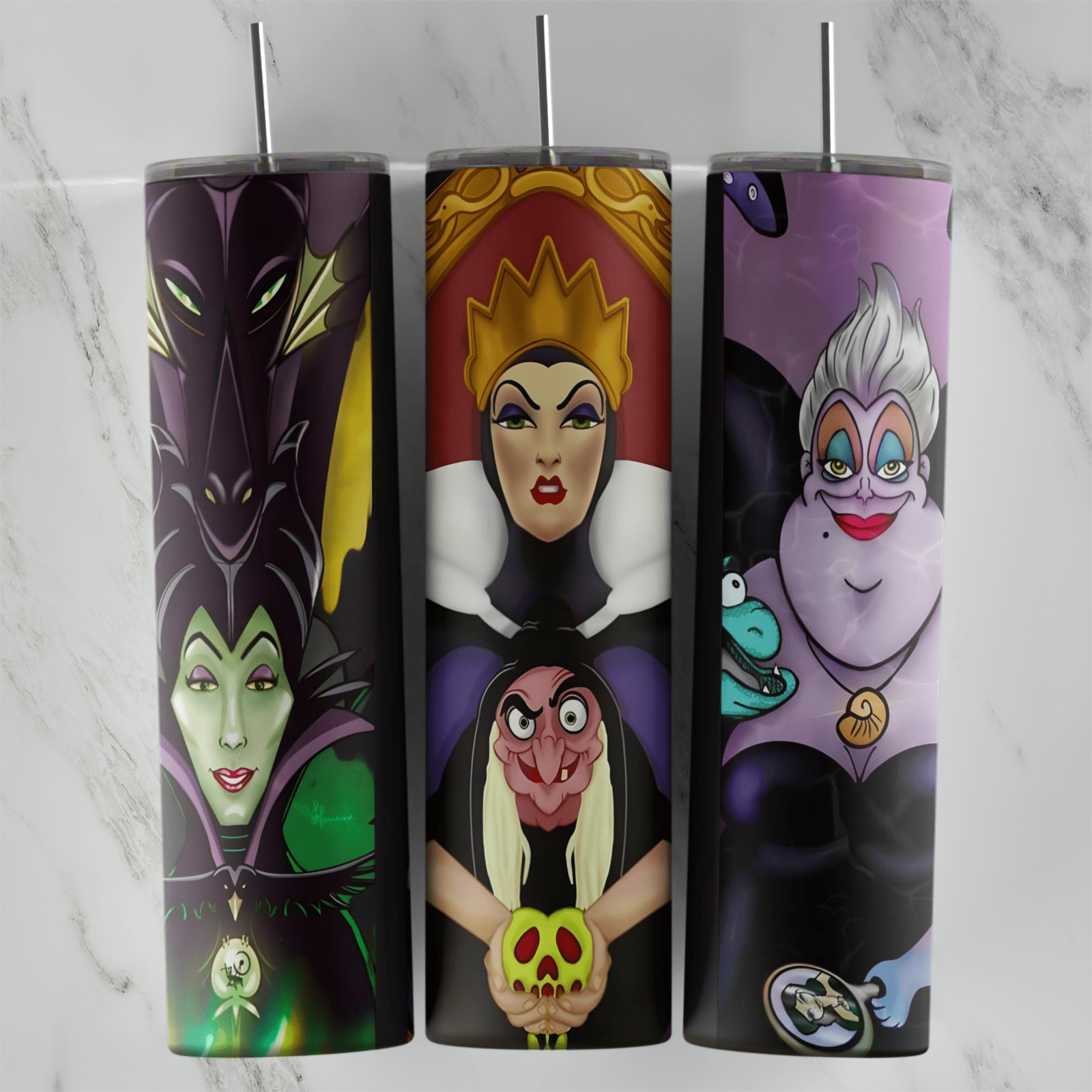 A purple 20 oz tumbler wrap with Maleficent, the Evil Queen above the old hag holding a skull apple, and Ursula with her eels. Sublimation design