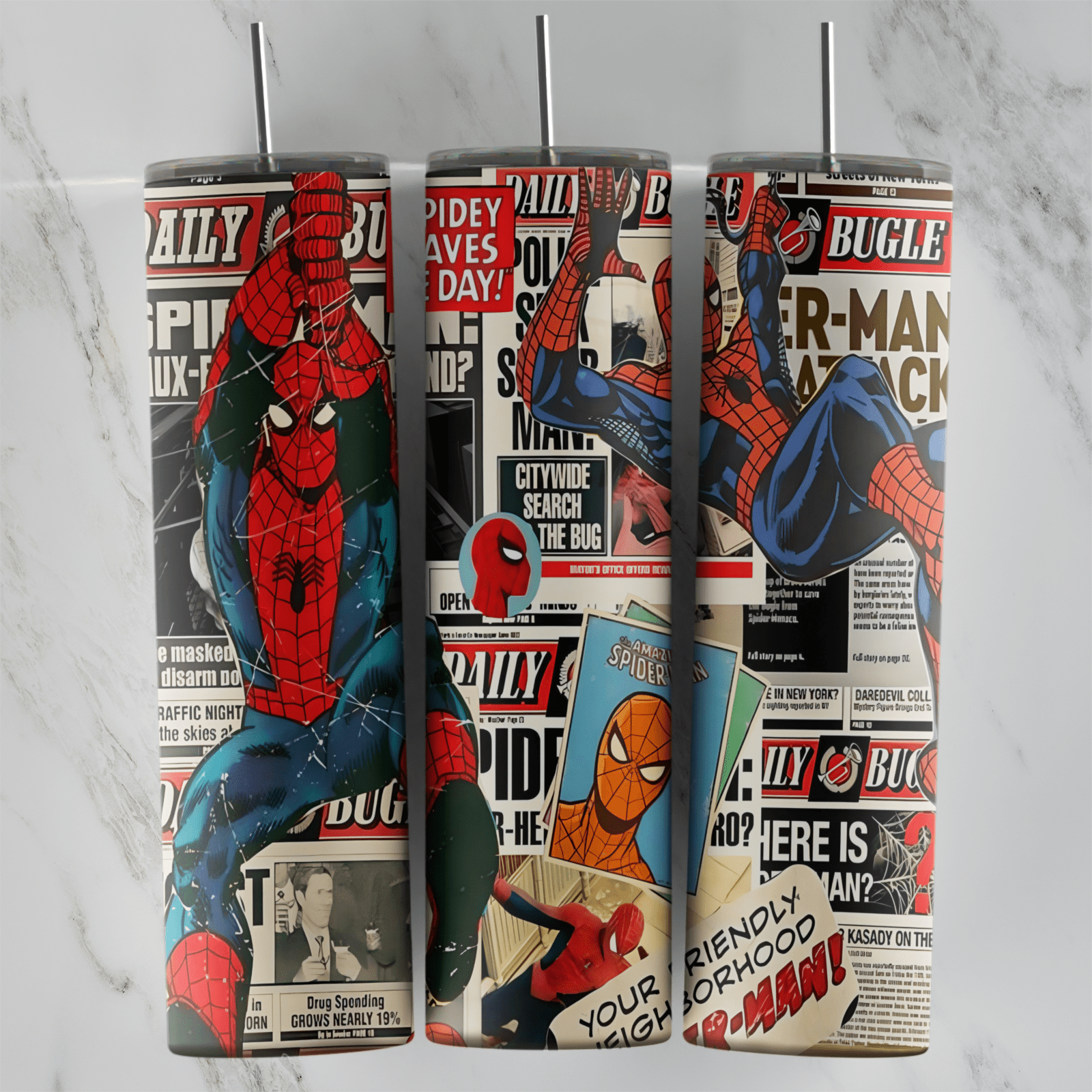 20 Oz Spiderman Daily Bugle Newspaper Tumbler Cup Design