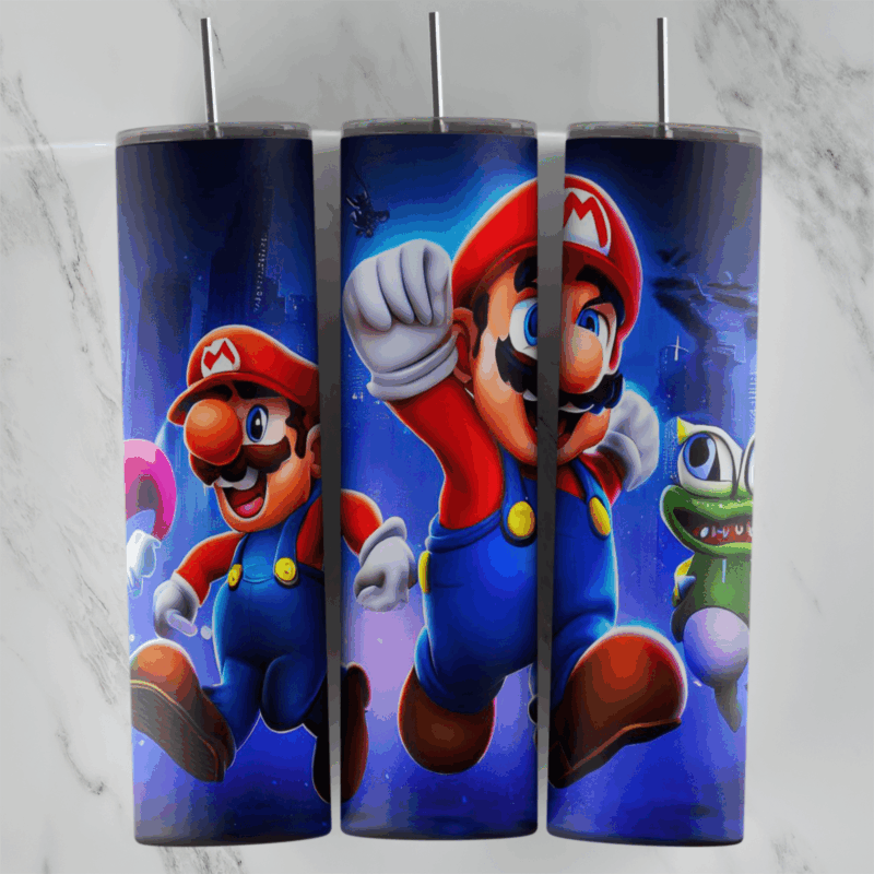 A 20 oz skinny tumbler wrap with two movie style Mario figures leaping and punching on a dark blue and purple background. Sublimation design