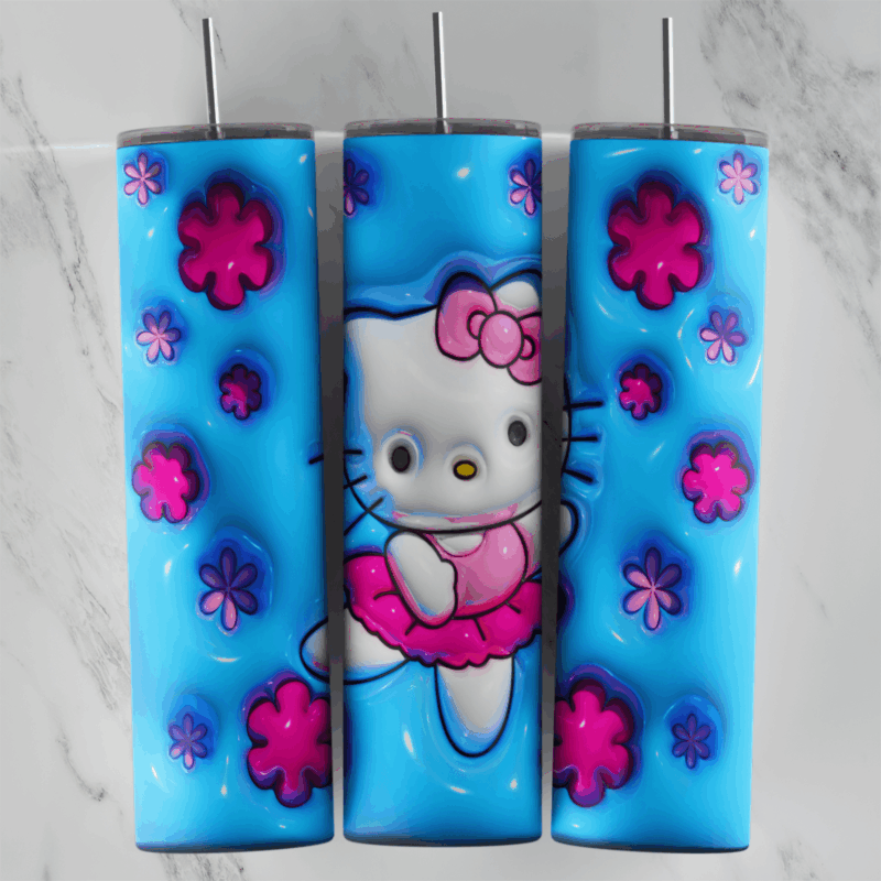 A full 20 oz skinny tumbler wrap in puffy 3D inflated style with Hello Kitty in a pink tutu, surrounded by pink and purple. Sublimation design