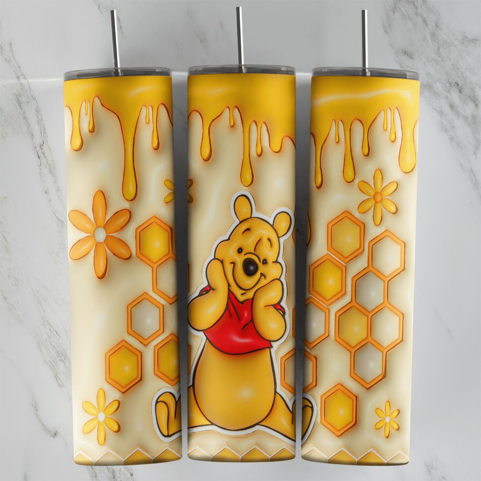 20 Oz 3D Inflated Winnie The Pooh Honeycomb Drip Tumbler Cup Design