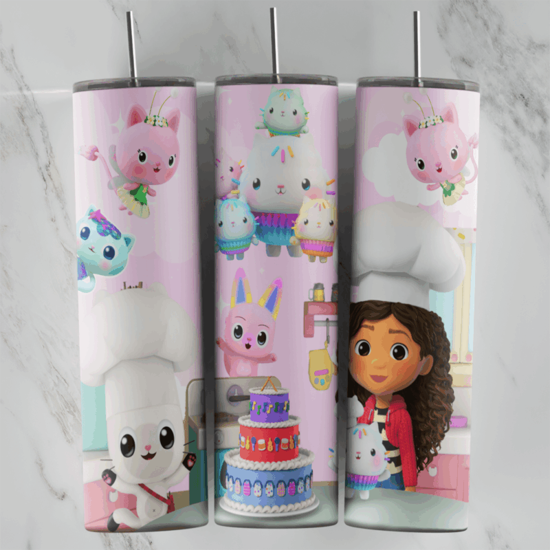 A pink 20 oz tumbler wrap from Gabby’s Dollhouse: a cupcake cat in a chef hat, a layered cake, Gabby in a red jacket and several. Sublimation design