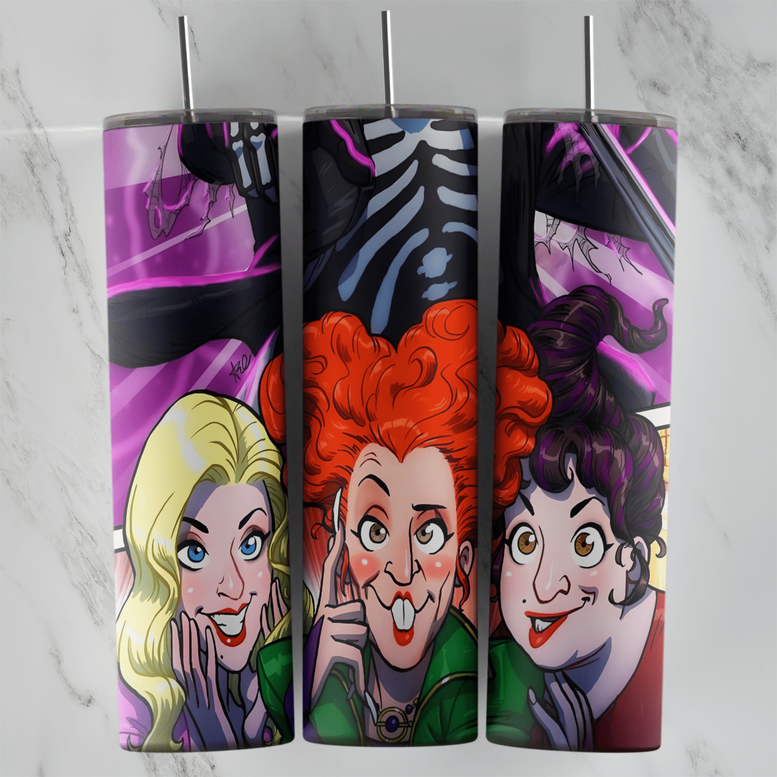 A 20 oz skinny tumbler wrap with big headed cartoon caricatures of Sarah, Winifred and Mary Sanderson on a purple background. Sublimation design