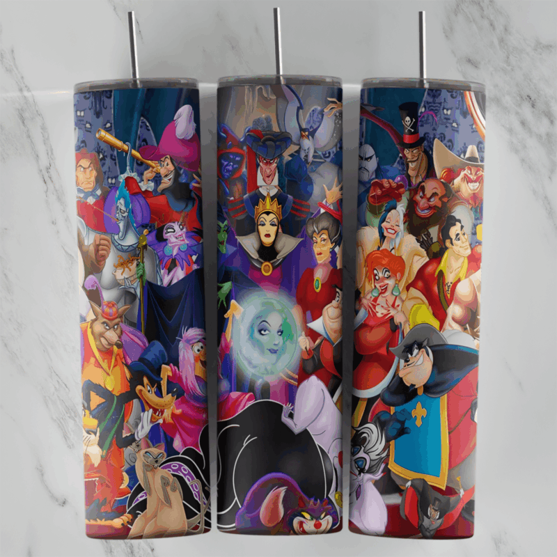 A colorful 20 oz tumbler wrap packed with Disney villains in a collage, including the Evil Queen, Ursula, Hades, Captain Hook. Sublimation design