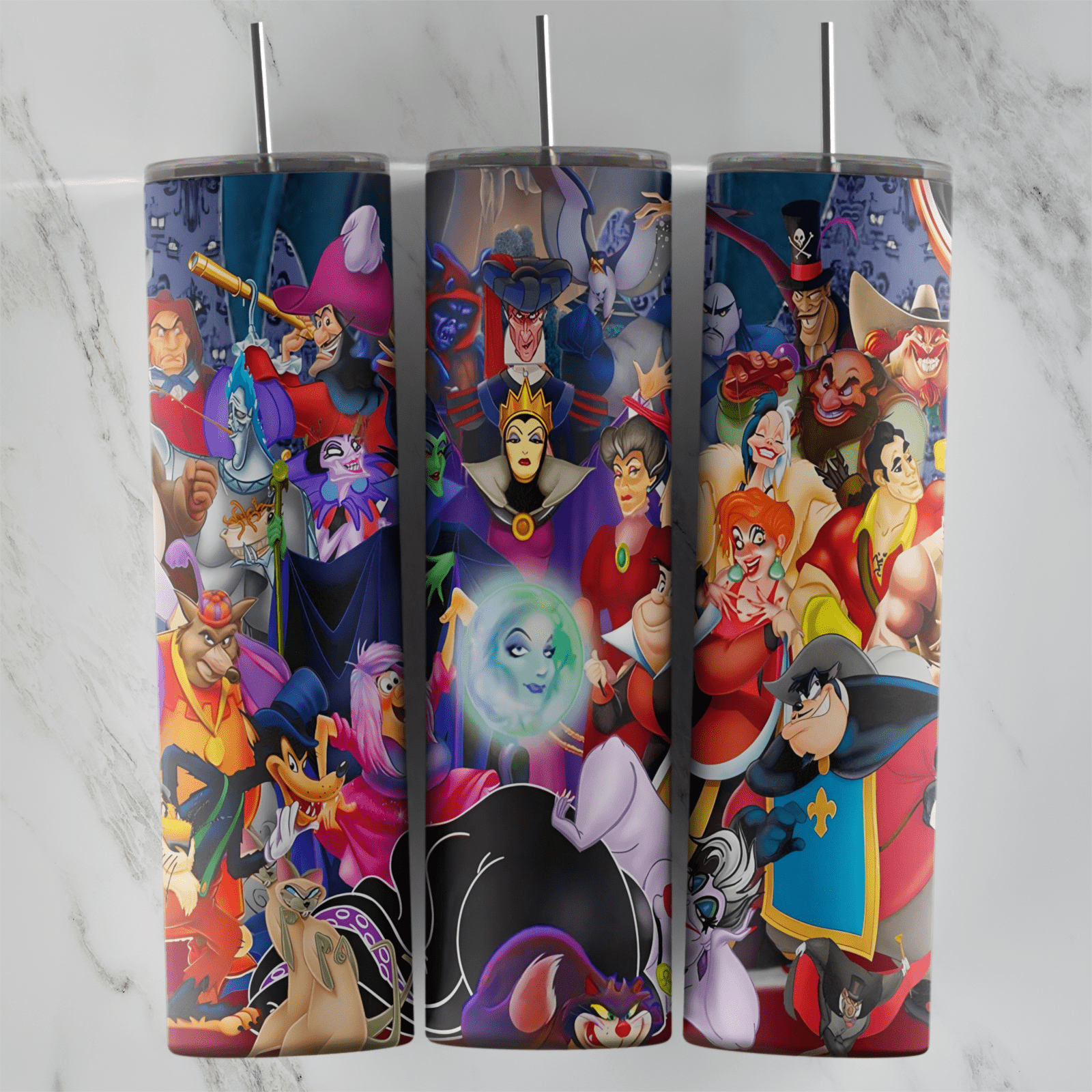 A colorful 20 oz tumbler wrap packed with Disney villains in a collage, including the Evil Queen, Ursula, Hades, Captain Hook. Sublimation design