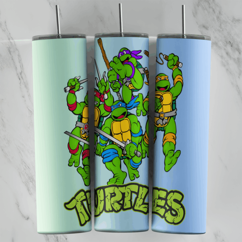 A 20 oz skinny tumbler wrap with the four classic cartoon turtles leaping together above green Turtles lettering on a soft mint. Sublimation design
