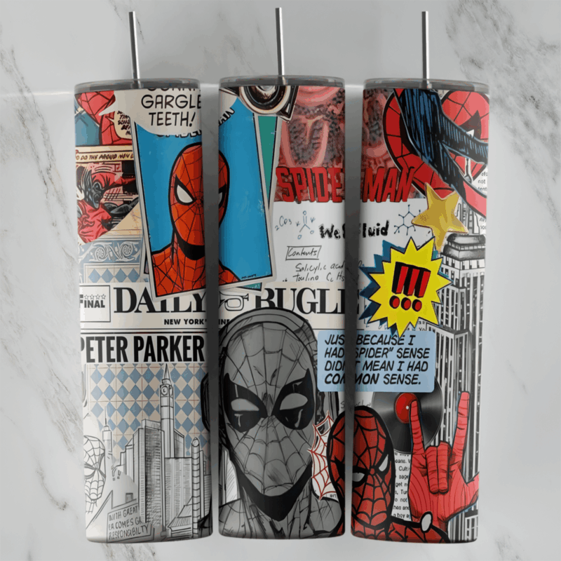 A 20 oz skinny tumbler wrap in comic collage style: Daily Bugle and Peter Parker headlines, a sketched Spider-Man mask, city. Sublimation design