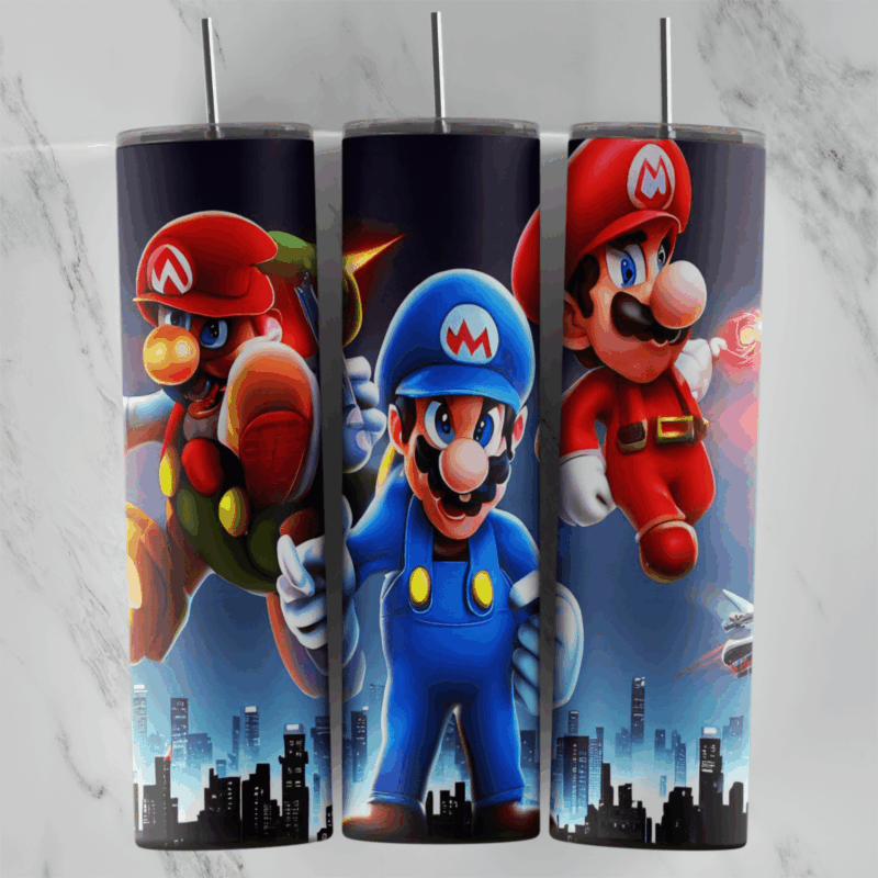 A 20 oz skinny tumbler wrap with 3D movie style Mario in several outfits leaping and flying above a dark city skyline at night. Sublimation design