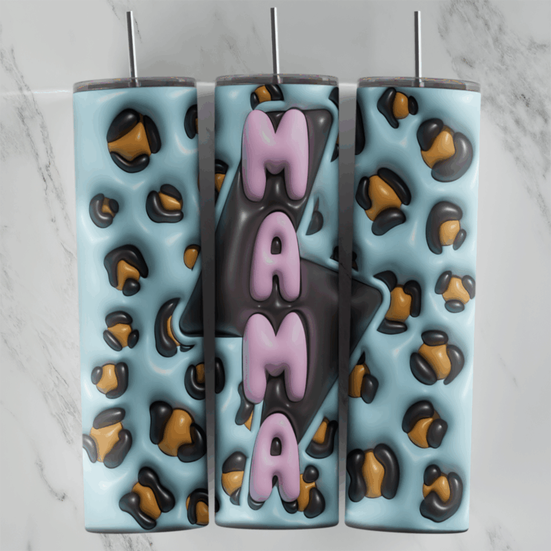 A full 20 oz skinny tumbler wrap in puffy 3D inflated style: a light blue leopard print with a black star behind pink Mama. Sublimation design