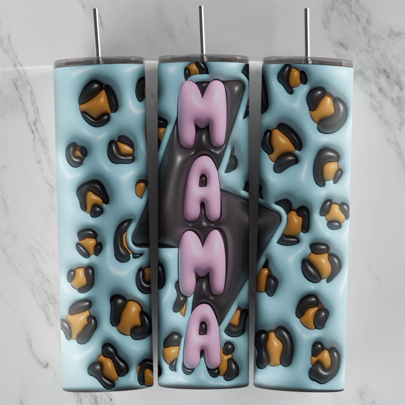 A full 20 oz skinny tumbler wrap in puffy 3D inflated style: a light blue leopard print with a black star behind pink Mama. Sublimation design