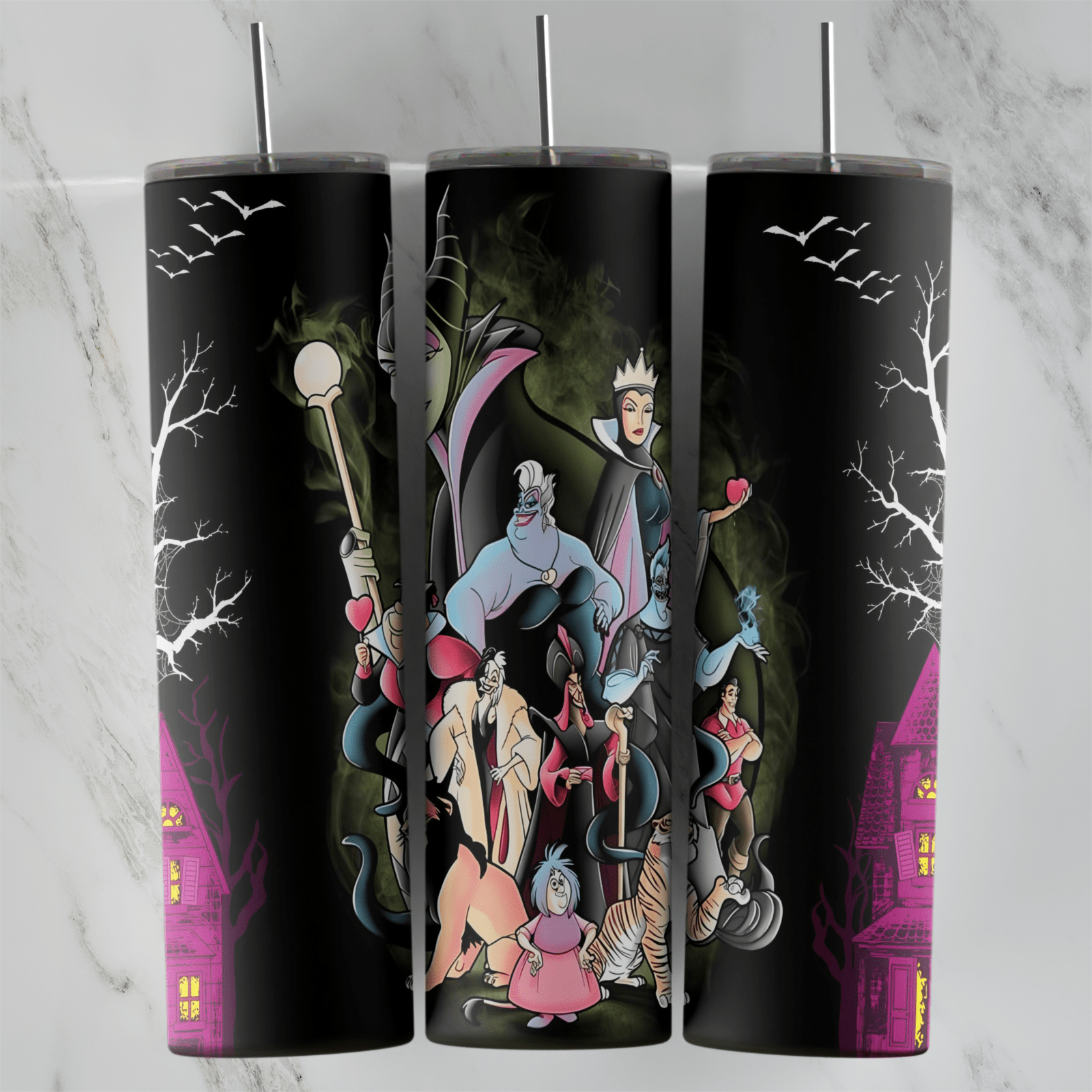 A black 20 oz tumbler wrap with bare trees and bats around a group of Disney villains led by Maleficent, with Ursula, the Evil. Sublimation design