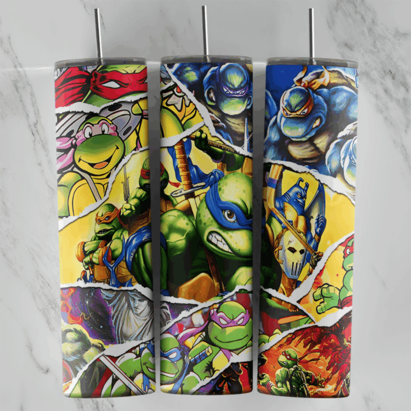 A 20 oz skinny tumbler wrap with a torn paper collage of ninja turtle comic panels in red, yellow and blue, with the turtles. Sublimation design