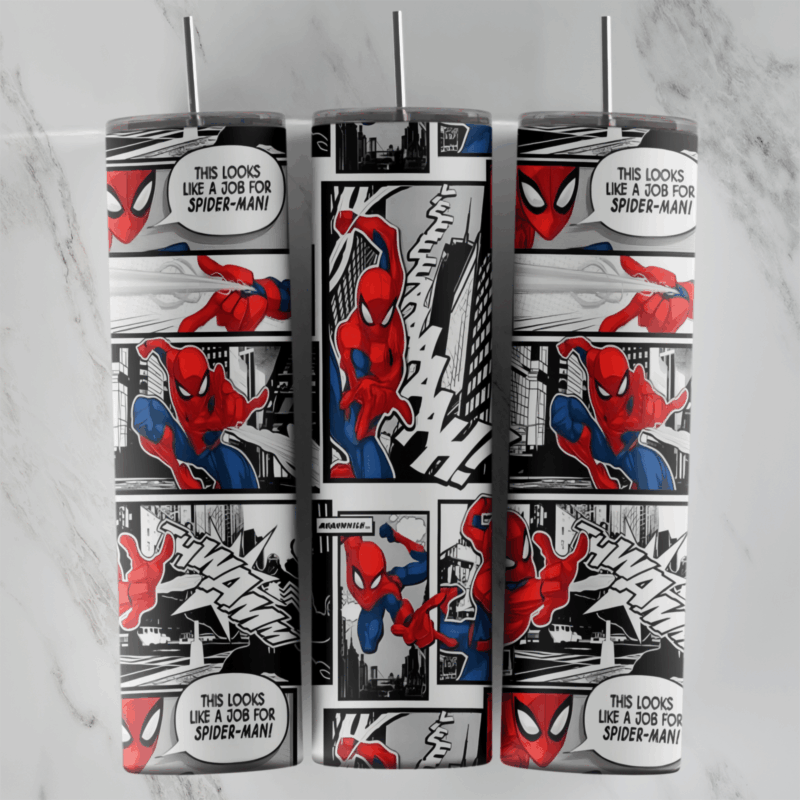 A 20 oz skinny tumbler wrap of black and white comic book panels with Spider-Man in red and blue, sound effects and speech. Sublimation design