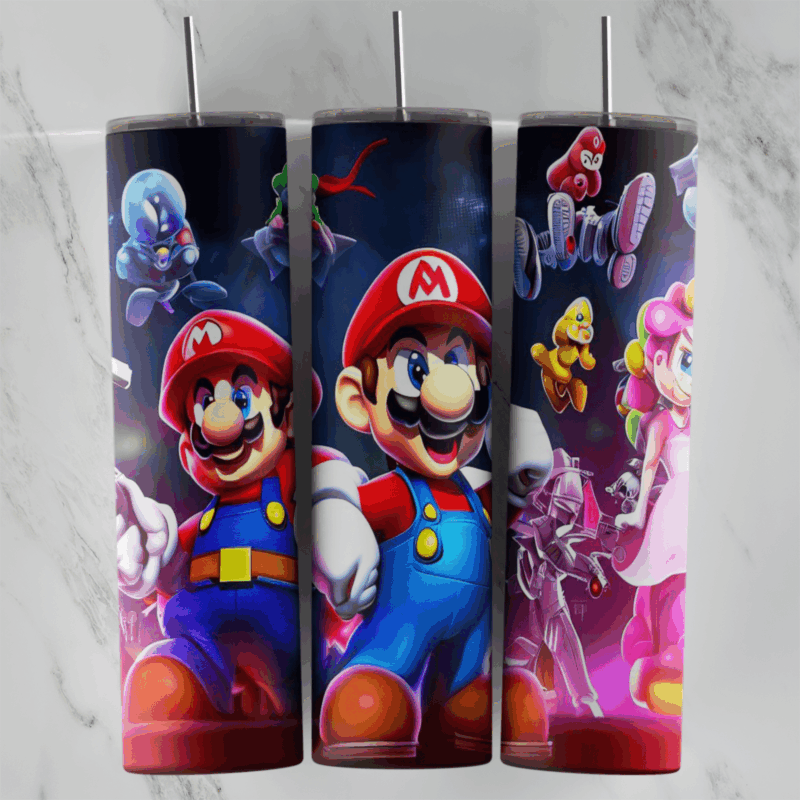 A 20 oz skinny tumbler wrap with movie style Mario, Princess Peach, Toad and other characters on a glowing pink and navy. Sublimation design