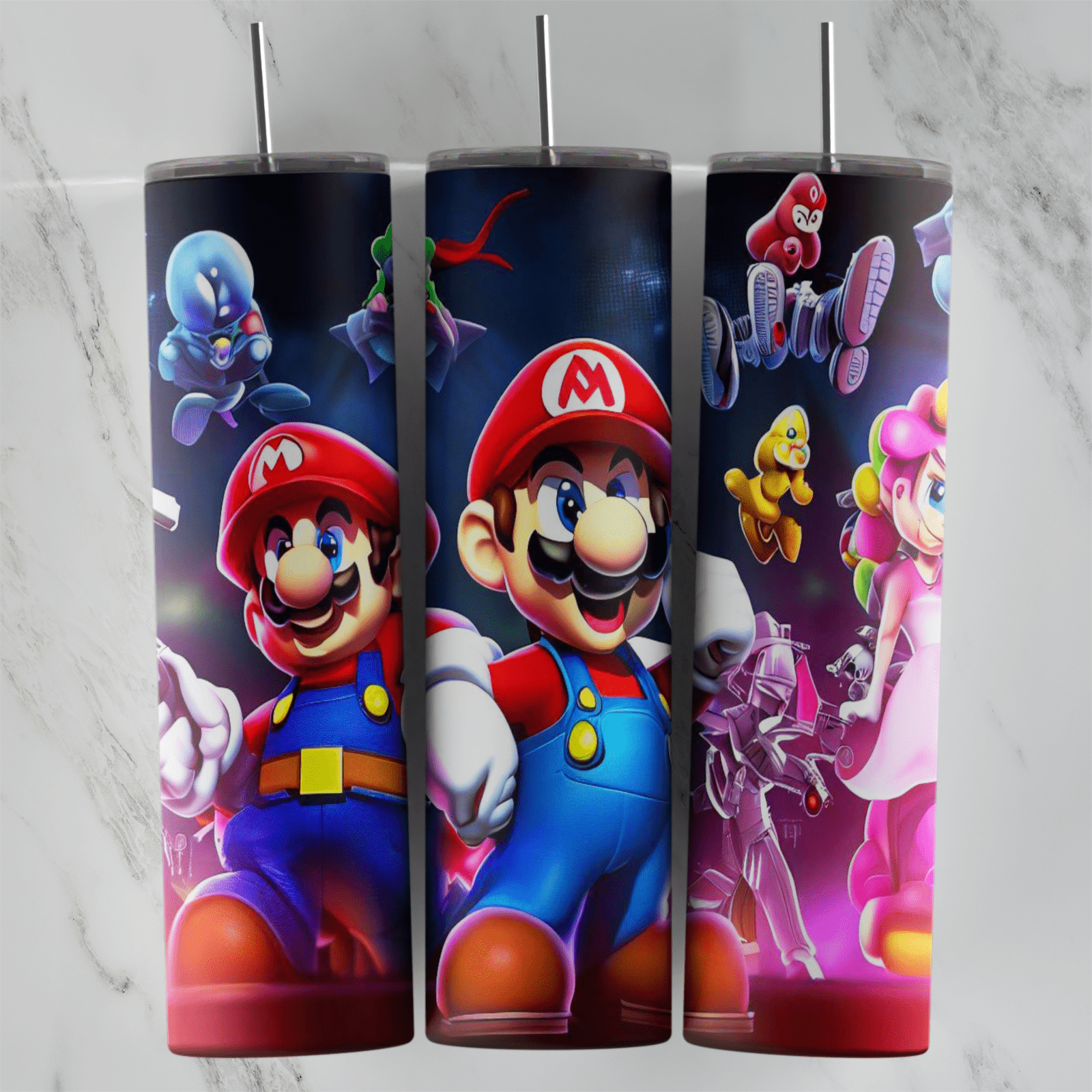 A 20 oz skinny tumbler wrap with movie style Mario, Princess Peach, Toad and other characters on a glowing pink and navy. Sublimation design