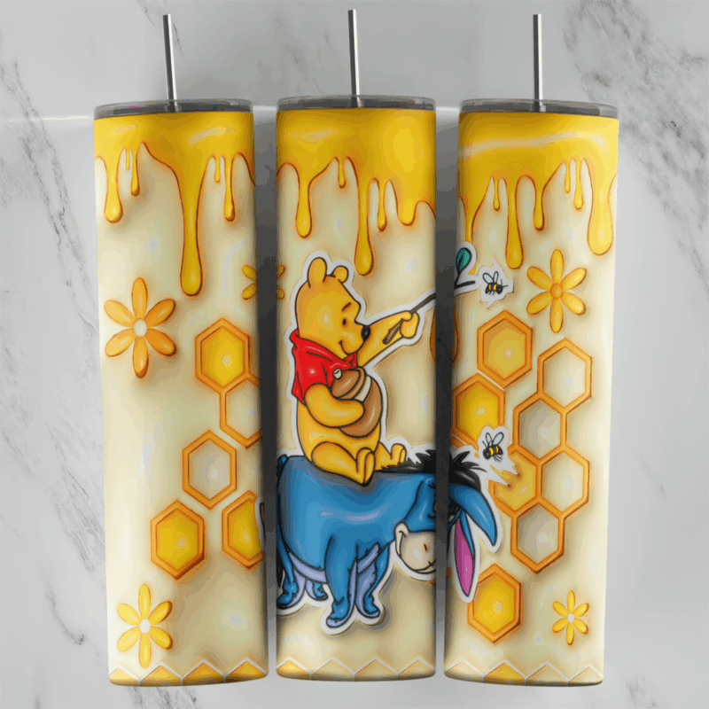 A full 20 oz skinny tumbler wrap in a 3D inflated style: Pooh riding on Eeyore with a honey pot, bees, honeycomb and dripping. Sublimation design