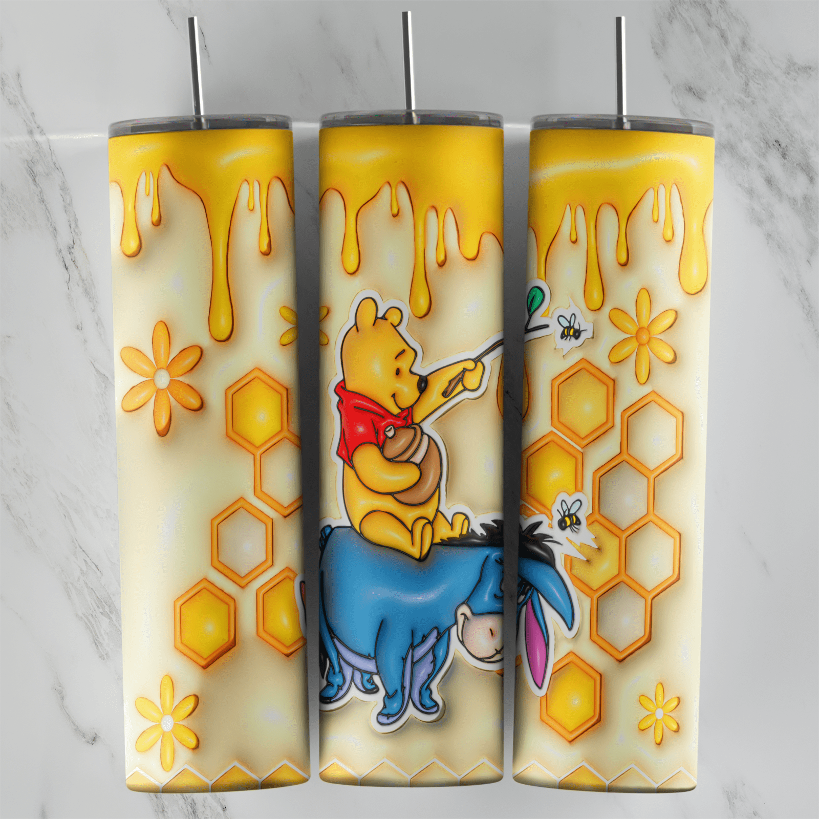 A full 20 oz skinny tumbler wrap in a 3D inflated style: Pooh riding on Eeyore with a honey pot, bees, honeycomb and dripping. Sublimation design