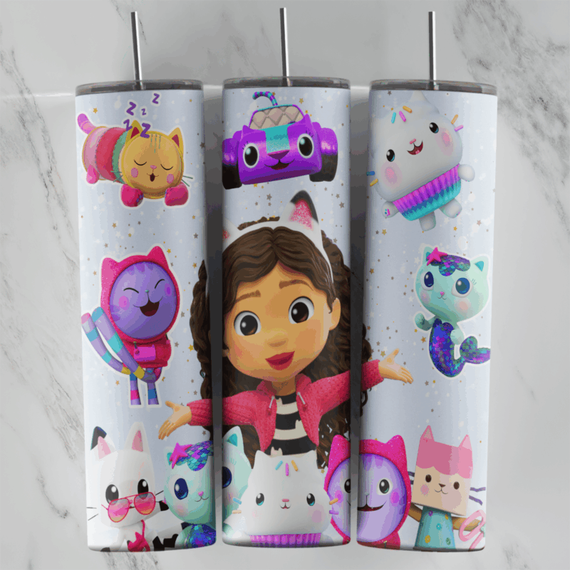A 20 oz tumbler wrap with Gabby from Gabby’s Dollhouse in the center surrounded by her cartoon cat friends, including the purple. Sublimation design