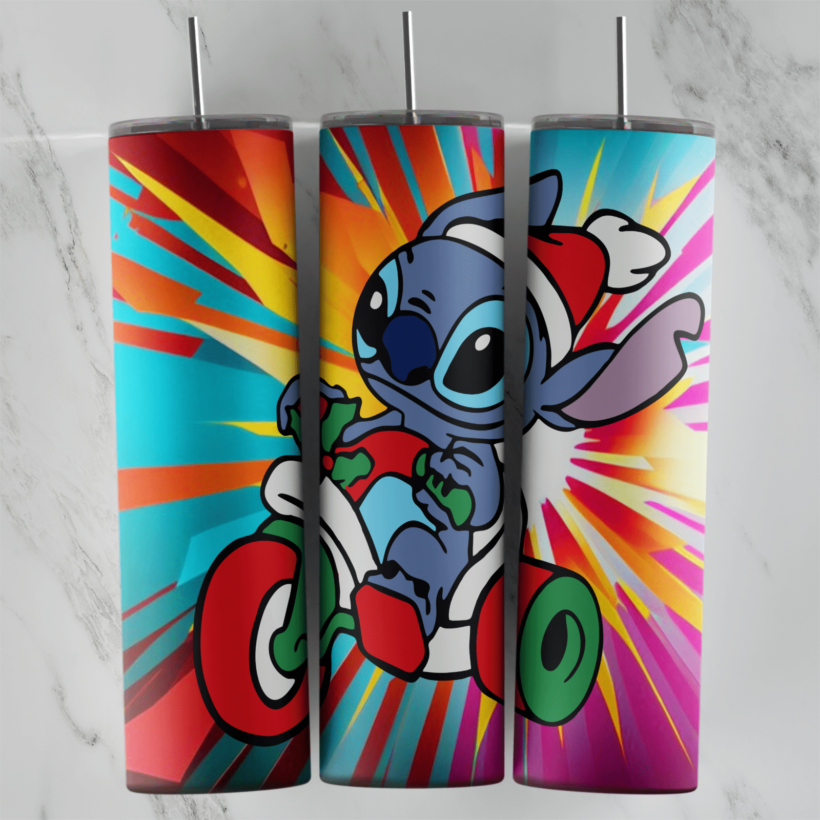 20 Oz Lilo and Stitch Christmas Go Kart Tumbler Cup Design